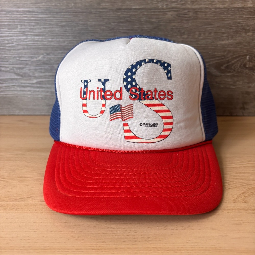 Vintage United States USA Hat Cap Snap Back Blue White Trucker Mens 90s